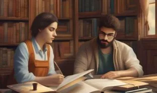 Two individuals studying together at a wooden table in a cozy library setting