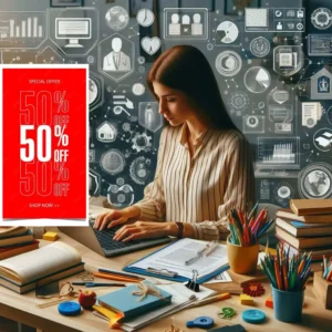 Woman working at a desk with books and digital icons in a modern educational setting with a promotional banner